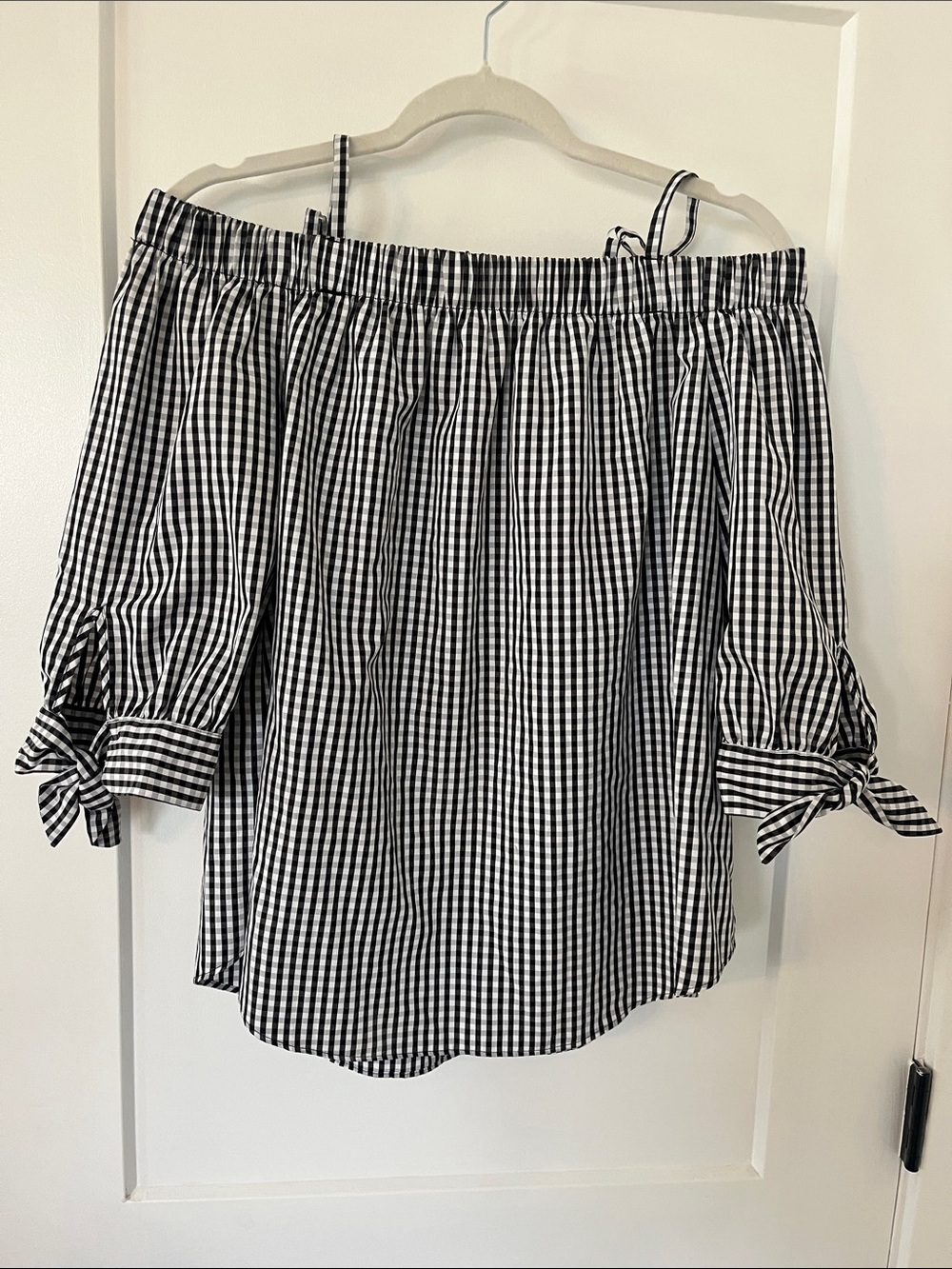 Iz Byer Black and White Gingham Off-Shoulder Tie-Sleeve Blouse